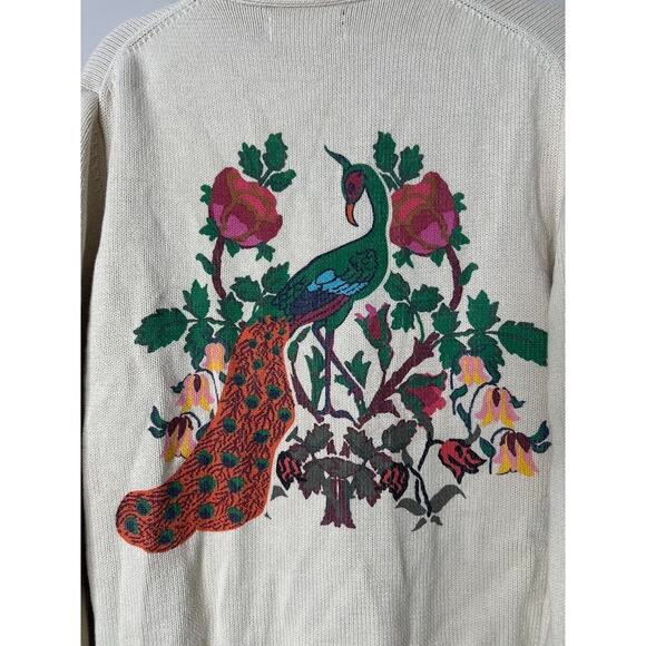 Akoo Roe Mens Cardigan Small Patchwork Varsity Preppy Animal Print Button Ivory - Picture 6 of 9